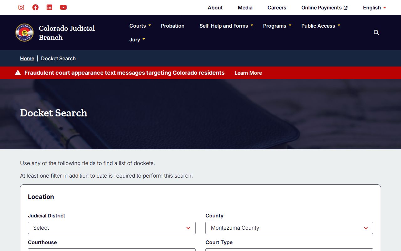 Colorado Judicial Branch docket search filters for Montezuma County