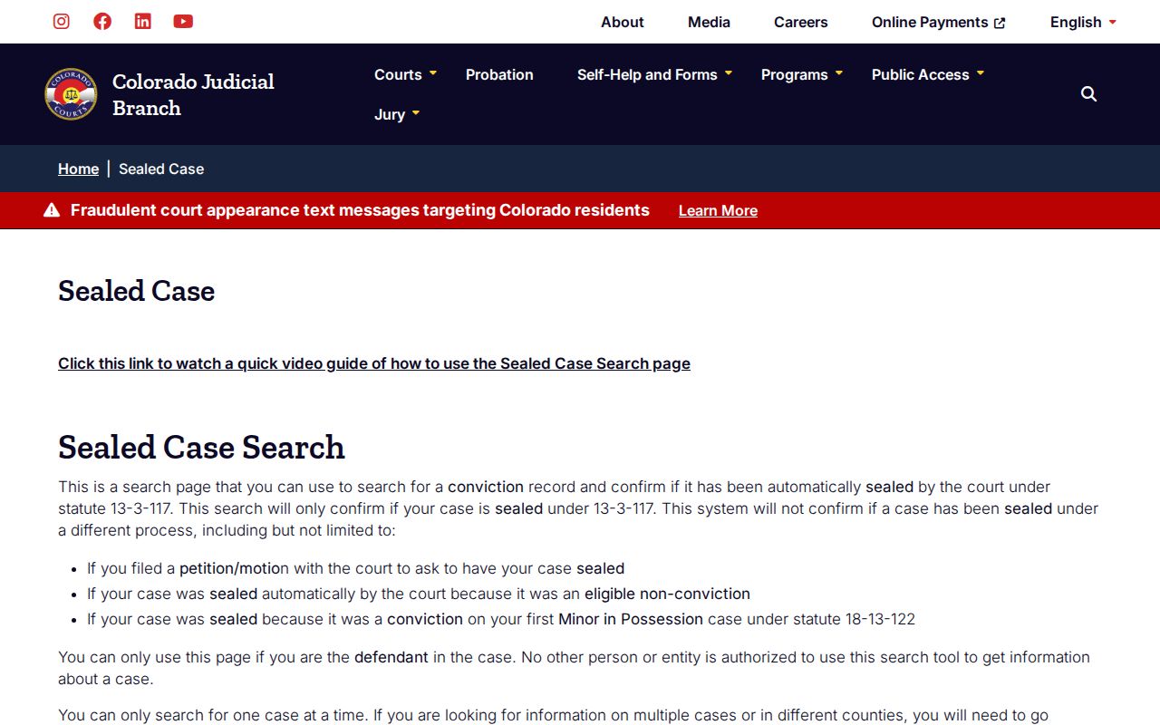 Colorado defendant-only sealed case search form fields