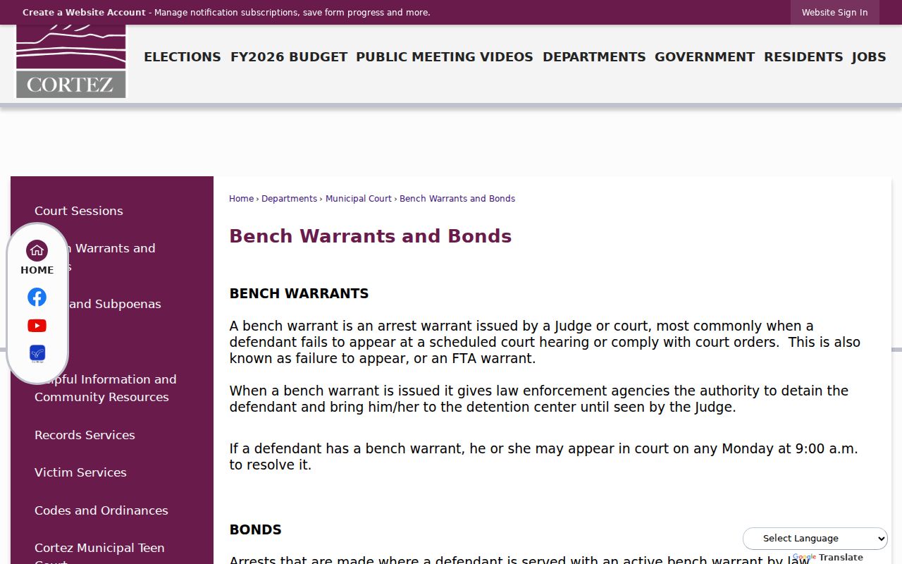 Cortez Municipal Court bench warrant and Monday appearance instructions