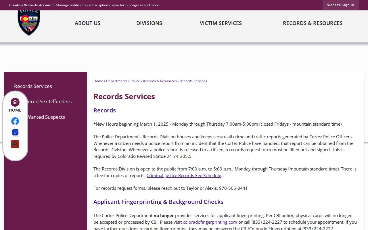 Cortez Police Records request hours and instructions